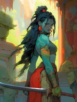 Blue-skinned anime warrior woman, sword in hand, red and gold armor, green tattoo, striking gaze.