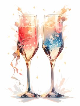 Elegant glasses with colored liquid and pink flowers, white background, anime art