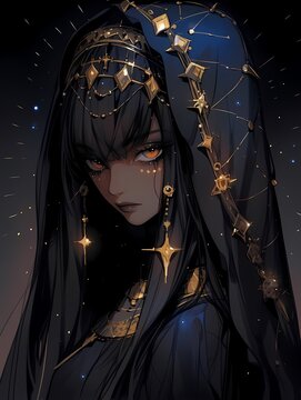 Mysterious female character with star headpiece illustration