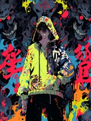 Anime young man standing confidently, yellow hoodie, black jacket, vibrant chaotic background.