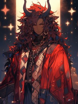 Striking anime male character, dark skin, red hair, red eyes, glowing portal, colorful robe, starry night sky.