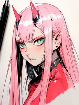 A striking pink-haired character with green eyes, red horns, and bodysuit gazes directly at the viewer in a detailed pencil sketch set against a white background.