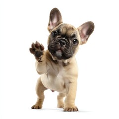 Fototapeta premium Adorable French Bulldog Puppy Raising Paw Up High Against White Background A Cute Pet Photo