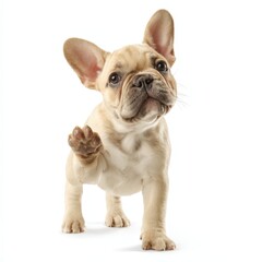 Obraz premium Adorable French Bulldog Puppy Raising Paw Cute Canine Pet Giving High Five White Background Studio Shot