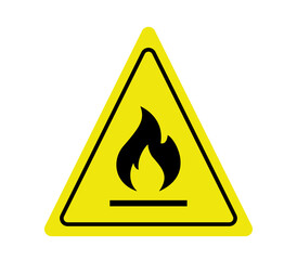 Fire warning icon, sign on yellow label isolated on white background