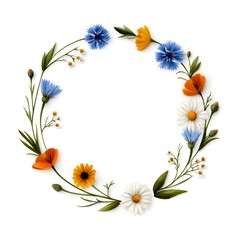 Beautiful floral wreath composed of daisies, cornflowers, and poppies. Vibrant and delicate, perfect for nature-themed designs, wedding invitations, and seasonal decor.
