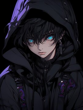 Young anime man, blue eyes, black hair, black hoodie, serious expression, gazing at viewer, illustration.