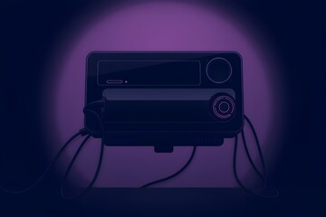 Vintage cassette recorder with tangled cables, set against a dark background illuminated by a purple glow, conveying a nostalgic and mysterious tone