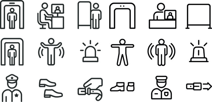 Airport security icon set for safe travel and screening processes