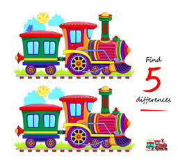 Find 5 differences. Drawing of a toy train with a locomotive. Logic puzzle game for children and adults. Page for kids brain teaser book. Hand drawn flat vector illustration.