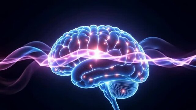 A glowing human brain emitting colorful energy waves on a dark background.