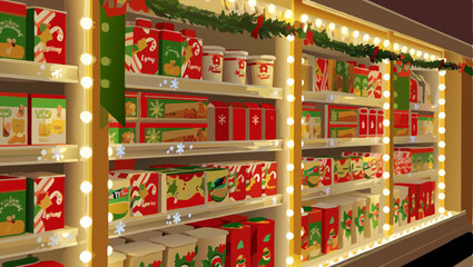 Obraz premium Christmas grocery store festive food products shelves