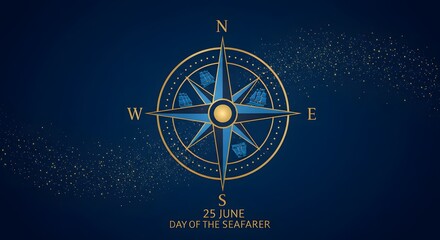 Illustration of a compass rose with ships and stars for day of the seafarer event