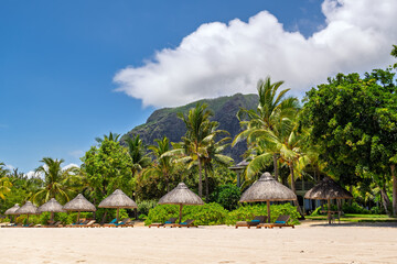 Tropical paradise beach resort with thatched umbrellas and loungers under trees.Idyllic beach...