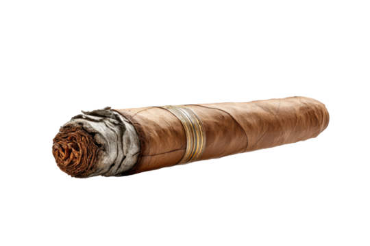 PNG Close-up of rolled cigar with tobacco leaves and gold bands