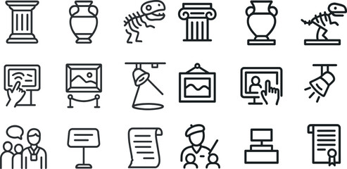 Museum and art gallery icons: artifacts, exhibits, and guided tours concept
