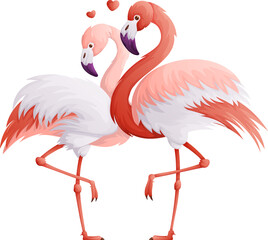 Two Flamingos in Love, Standing Together, Hearts Floating Above Them, Symbol of Love.