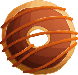 Delicious chocolate glazed donut with caramel drizzle, sweet temptation, food illustration.