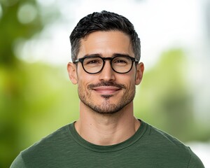 Fototapeta premium A man with glasses and a green shirt smiles softly outdoors with a blurred, natural background.