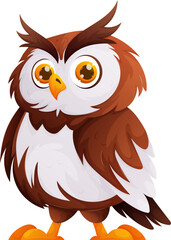 Obraz premium Cartoon Owl Illustration with Brown Feathers and Big Orange Eyes on White Background.