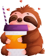 Fototapeta premium Cute Sloth Hugging a Coffee Cup, Surrounded by Hearts, Cartoon Style Illustration.