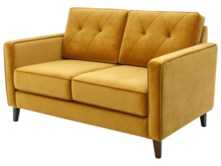 Stylish velvet loveseat sofa in warm yellow hue adds cozy touch to any space