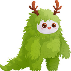 Cute Green Monster with Antlers Cartoon Illustration for Kids and Fantasy Art.