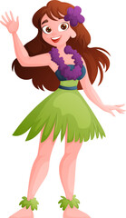 Cute Hula Girl Waving, Wearing a Lei, Grass Skirt, and Flower in Hair Cartoon Style.