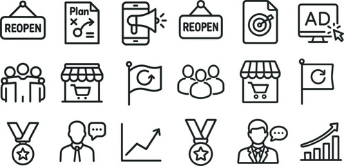 Business reopening and marketing strategy icons for branding and design
