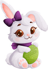 Cute Easter Bunny Girl Holding Decorated Green Egg, Cartoon Vector Illustration