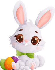 Cute Cartoon Easter Bunny with Decorated Eggs, Festive Spring Holiday Icon.