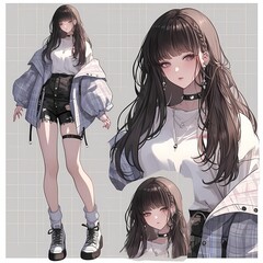 Anime female character with striking purple eyes and unique accessories, in stylish white shirt, plaid jacket, and sneakers, three poses.