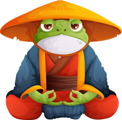Cartoon Meditation Frog, A Zen Master in Traditional Attire. Calm and Peaceful.