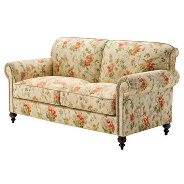 Beautiful velvet loveseat sofa adorned with floral patterns adds charm to any space