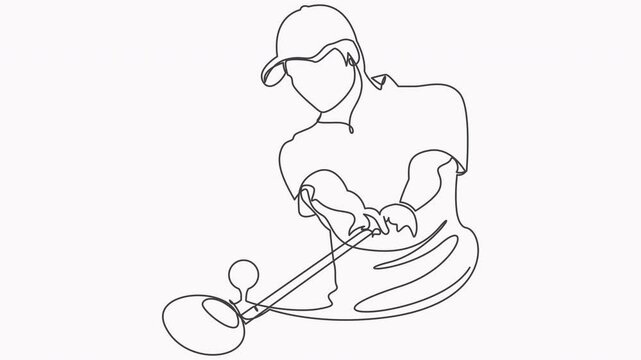Continuous line drawing of golfer with golf club swinging on white background