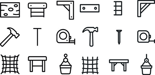 Woodworking tools and construction elements line icons for diy projects