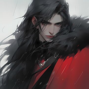 Anime character with intense eyes, red cloak, fur trim, cinematic digital artwork.