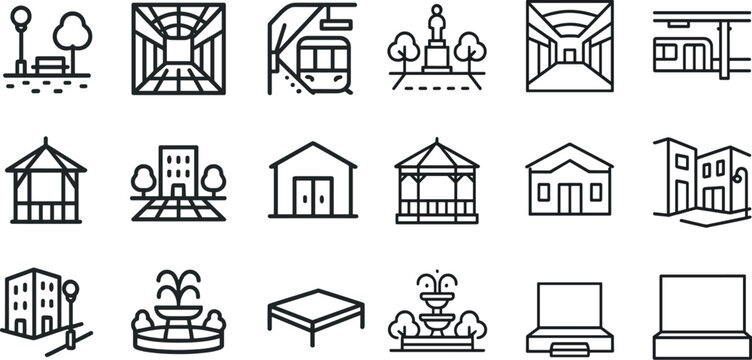 Urban and architectural line icons for city infrastructure and design projects