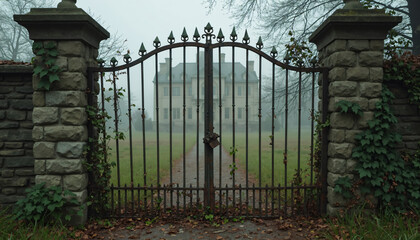 Iron Gate and Stone Pillars Leading to House in Fog