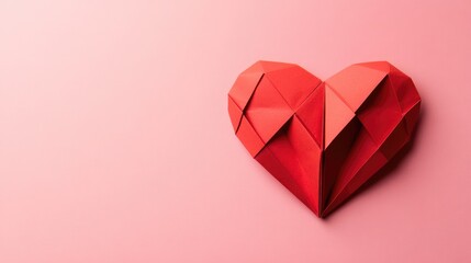 Red paper origami heart on pink background. St. Valentine's day concept. Symbol of love, romance and passion