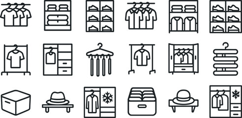Minimalist closet and wardrobe organization icon set for fashion design