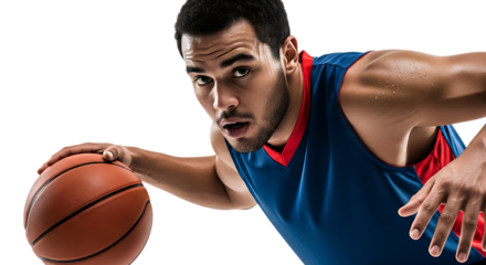 Basketball player dribbling the ball with focus in a dynamic motion capture