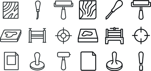 Linocut and printmaking tools icons for creative design projects