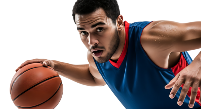 Basketball player dribbling the ball with focus in a dynamic motion capture
