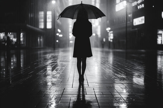 Woman standing with an umbrella in the middle of a deserted street silhouette