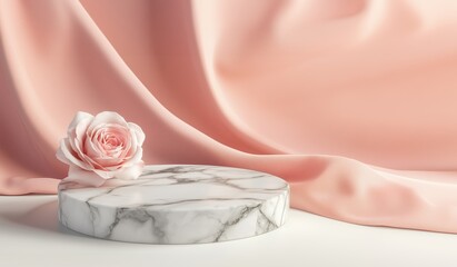 A round white marble podium with subtle gray veining placed on a light surface and pink background. A soft pink rose lies delicately on the edge of the podium.