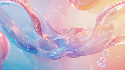 Abstract scene featuring soft pastel-colored waves of translucent, fluid-like forms interwoven with floating soap bubbles. The color palette consists of pink, purple, blue, and gold colors,