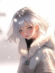 Fototapeta premium Young woman with silver hair and blue eyes, fur-trimmed coat, silver earrings.
