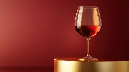 A single glass of red wine elegantly placed on a sleek golden podium. The background is a deep, rich red gradient, offering a warm and luxurious atmosphere.
