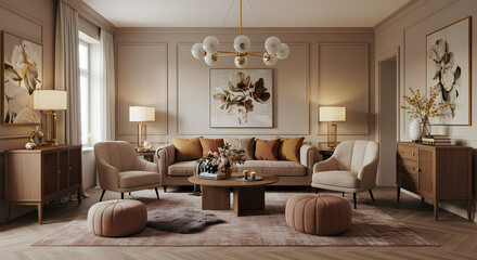 Luxury Living Room Interior Design: Elegant Beige & Gold Decor